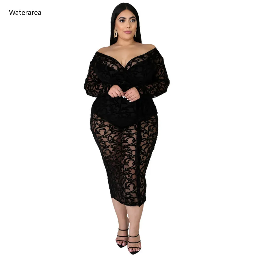 Plus Size Women Lace Midi Off Shoulder V-neck Dresses Bodycon