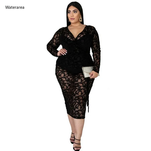 Plus Size Women Lace Midi Off Shoulder V-neck Dresses Bodycon
