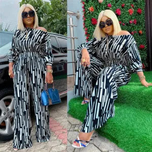 Plus Size Women Long Sleeve Striped Tops and Pants Sets