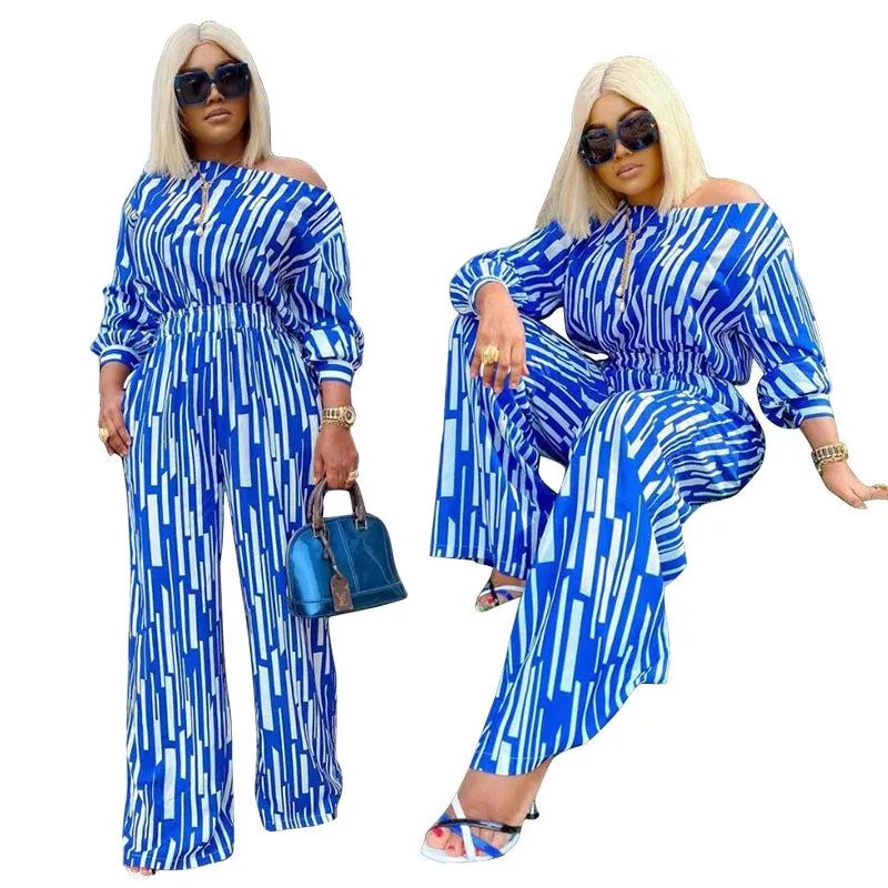 Plus Size Women Long Sleeve Striped Tops and Pants Sets
