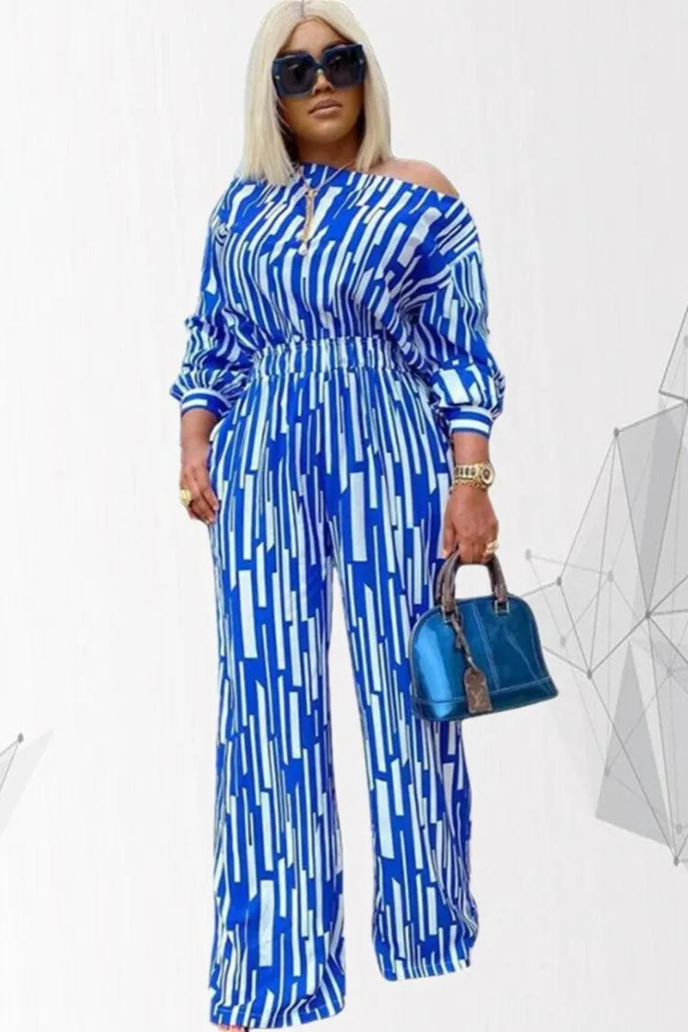 Plus Size Women Long Sleeve Striped Tops and Pants Sets