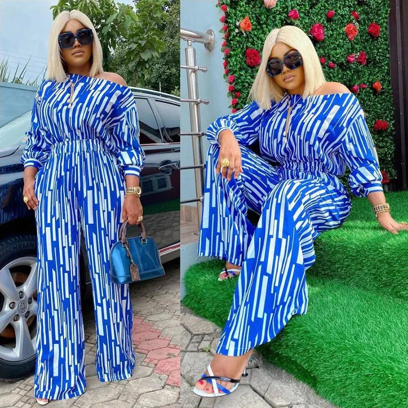 Plus Size Women Long Sleeve Striped Tops and Pants Sets
