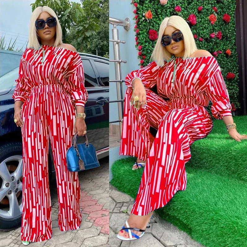 Plus Size Women Long Sleeve Striped Tops and Pants Sets