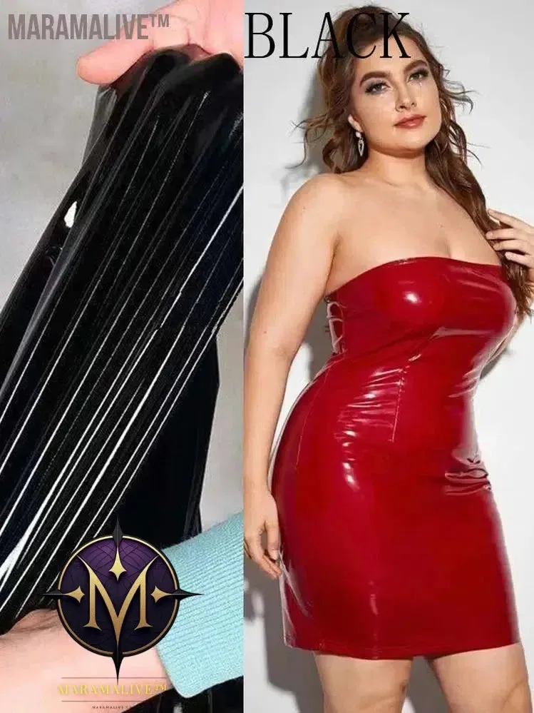Plus Size Women Strapless Dress Sexy Faux Latex Backless Stretch Bodycon Mini Dress 6XL Shiny Patent Leather Dress 7XL Clubwear