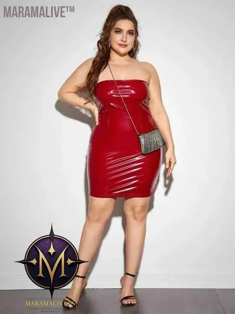 Plus Size Women Strapless Dress Sexy Faux Latex Backless Stretch Bodycon Mini Dress 6XL Shiny Patent Leather Dress 7XL Clubwear