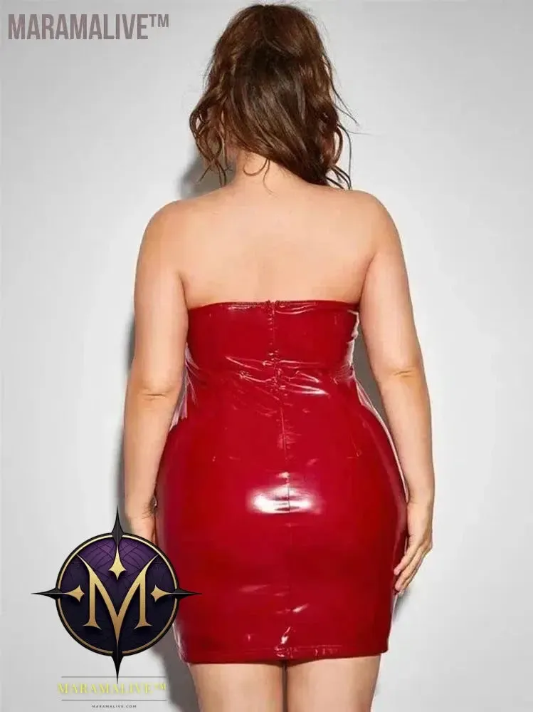 Plus Size Women Strapless Dress Sexy Faux Latex Backless Stretch Bodycon Mini Dress 6XL Shiny Patent Leather Dress 7XL Clubwear