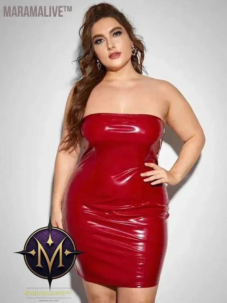 Plus Size Women Strapless Dress Sexy Faux Latex Backless Stretch Bodycon Mini Dress 6XL Shiny Patent Leather Dress 7XL Clubwear