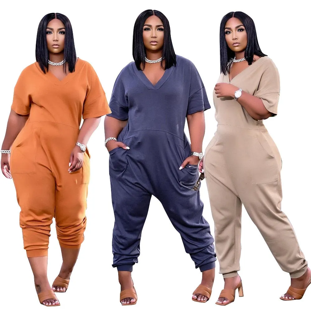 Plus Size Women's Clothing Solid Color Fashion V Neck Personality Pocket Casual Street Wear