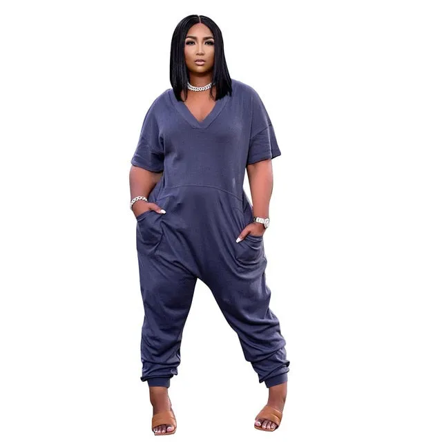 Plus Size Women's Clothing Solid Color Fashion V Neck Personality Pocket Casual Street Wear