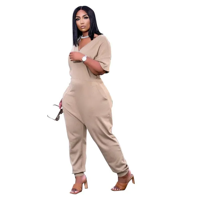Plus Size Women's Clothing Solid Color Fashion V Neck Personality Pocket Casual Street Wear