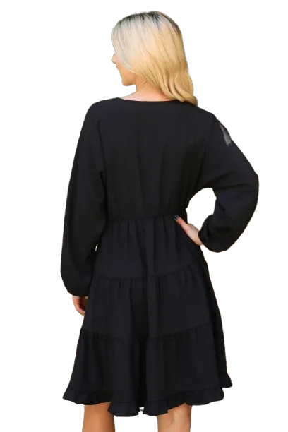 Plus Size Woven Puff Sleeve V Neck Elastic Waist Tiered Dress Black - Pack of 6