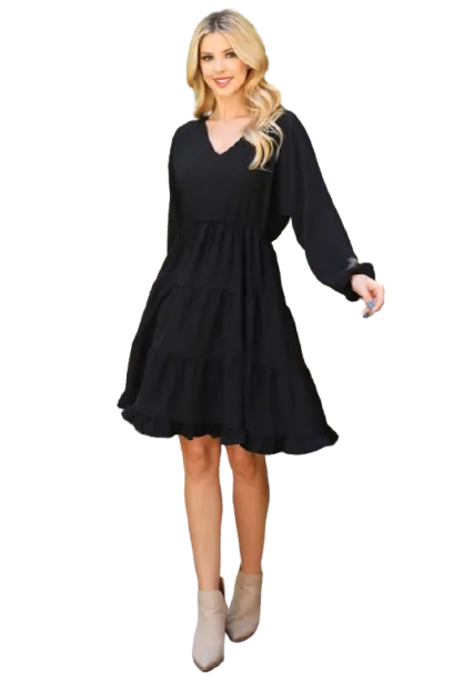 Plus Size Woven Puff Sleeve V Neck Elastic Waist Tiered Dress Black - Pack of 6