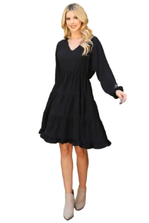 Plus Size Woven Puff Sleeve V Neck Elastic Waist Tiered Dress Black - Pack of 6