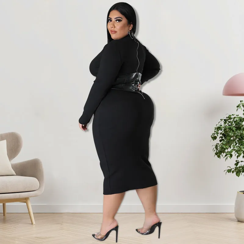 Plus Size Zipper Hit Leather One Step Dress
