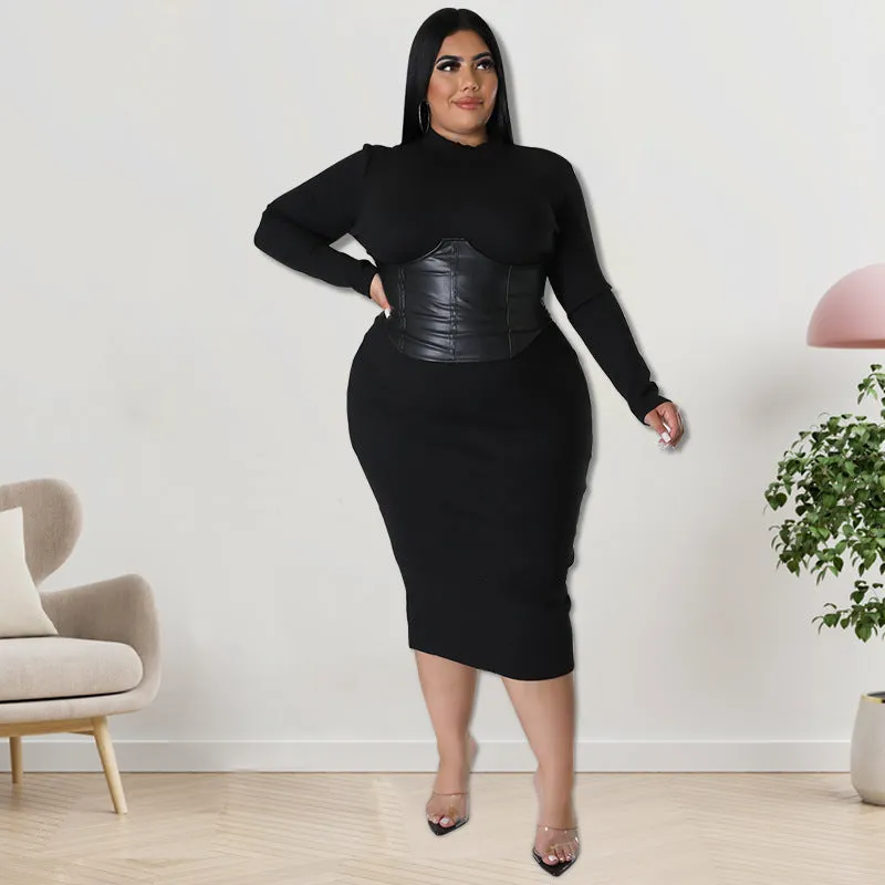 Plus Size Zipper Hit Leather One Step Dress