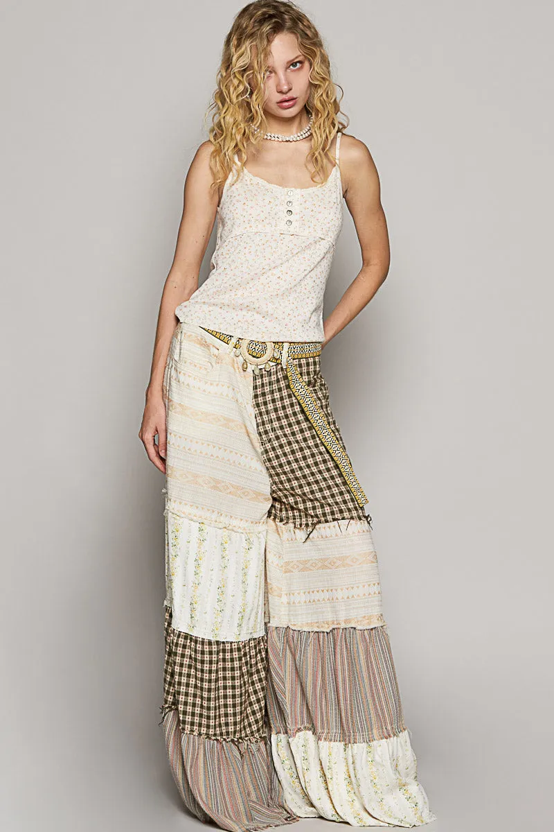 POL Women's Natural Contrast Paneled Wide Leg Pant