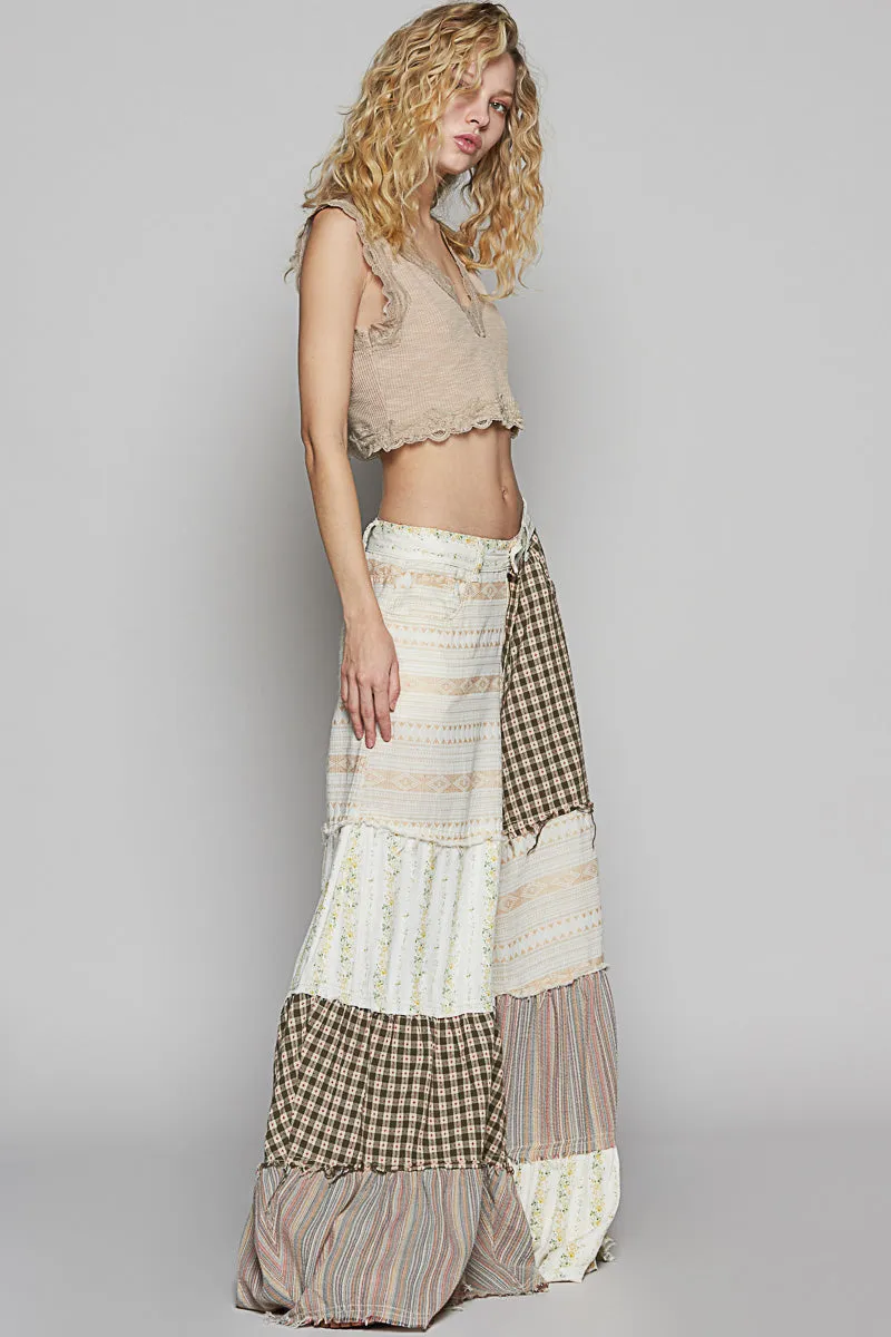 POL Women's Natural Contrast Paneled Wide Leg Pant