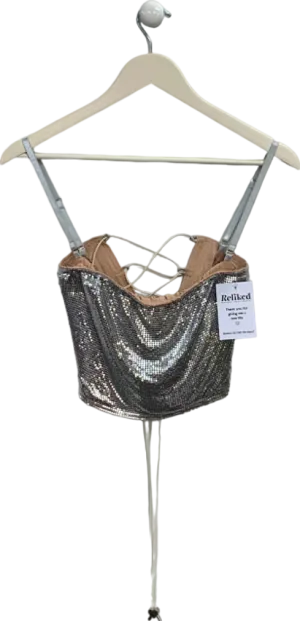 Poster Girl Silver Sequin Crop Top with Lace-up Back UK S