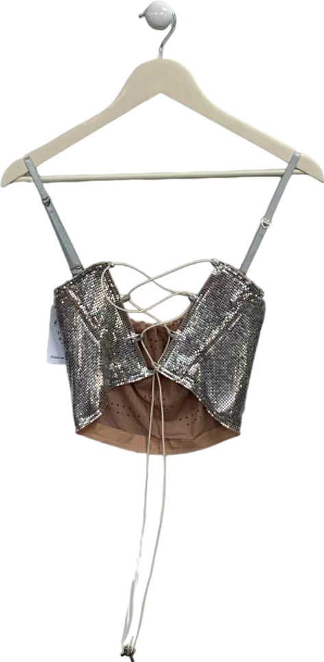 Poster Girl Silver Sequin Crop Top with Lace-up Back UK S