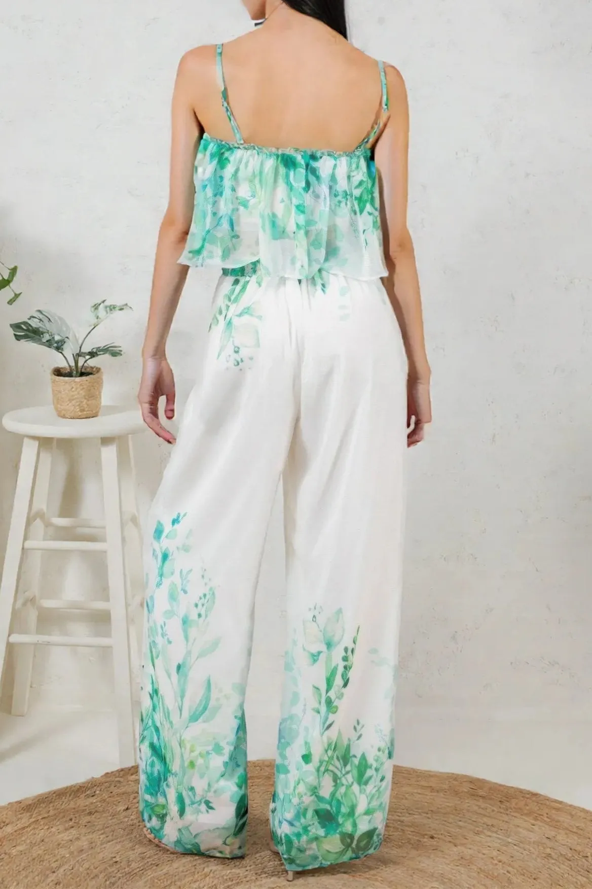 Printed Crop Top & Wide Leg Long Pants Set