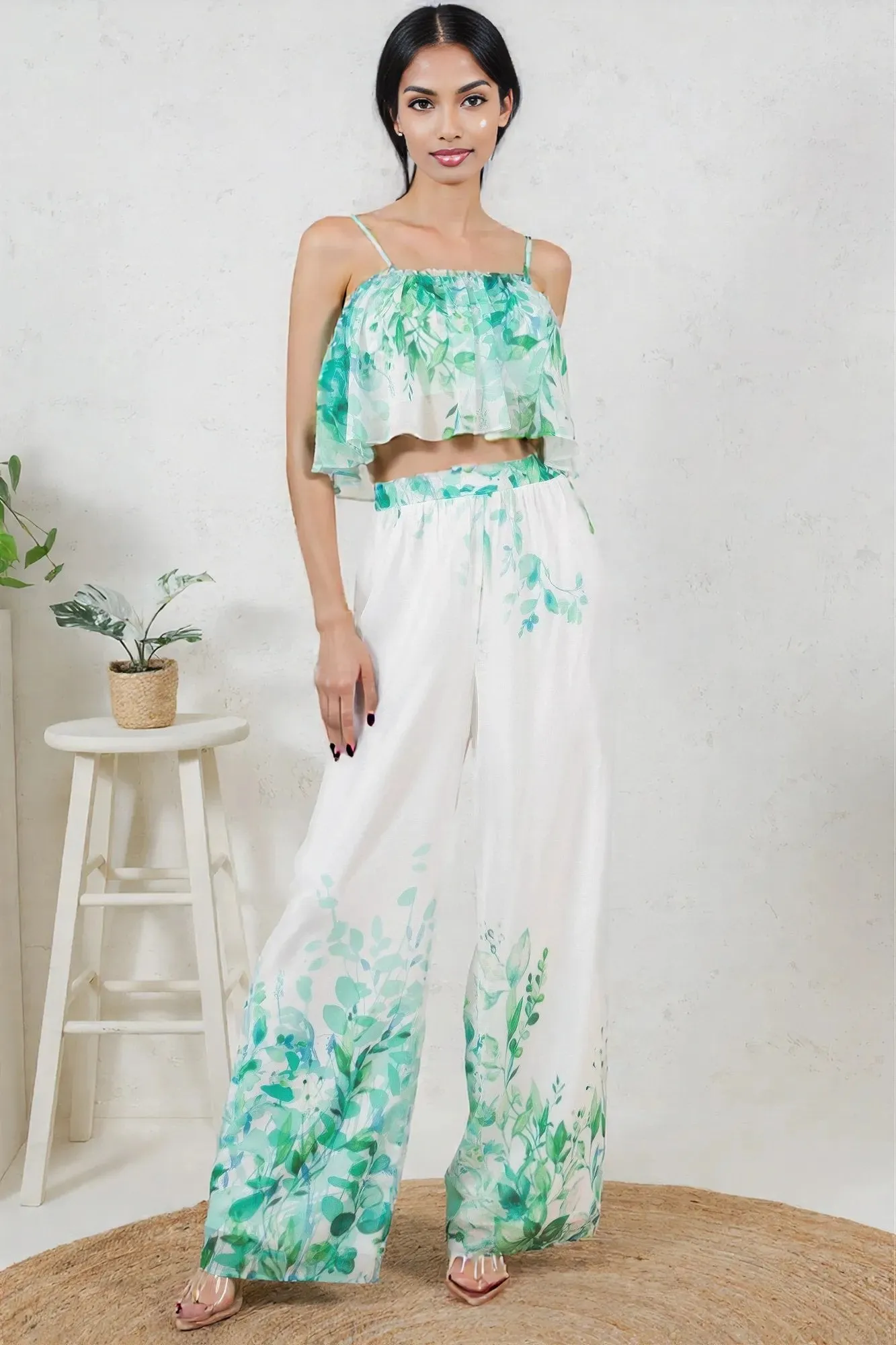 Printed Crop Top & Wide Leg Long Pants Set