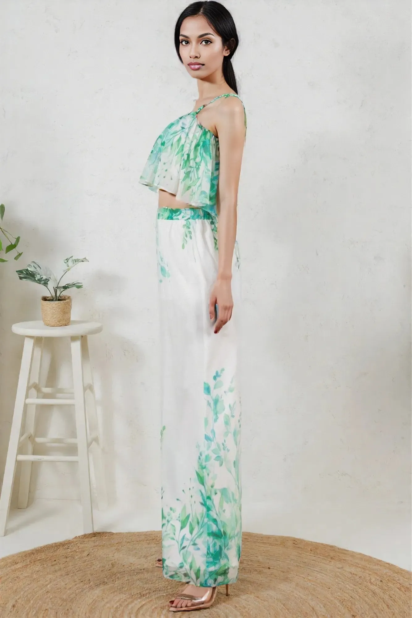 Printed Crop Top & Wide Leg Long Pants Set