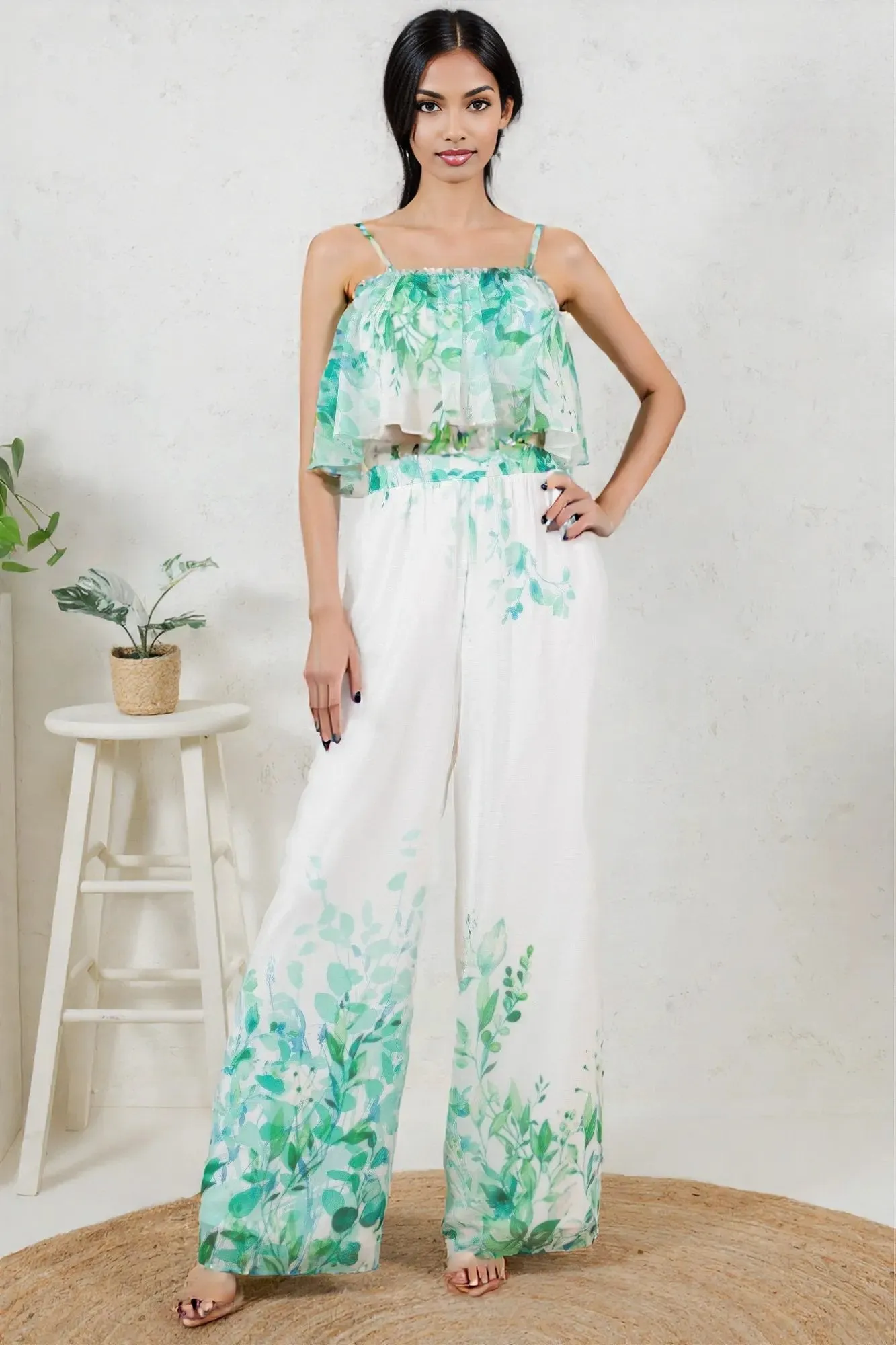 Printed Crop Top & Wide Leg Long Pants Set