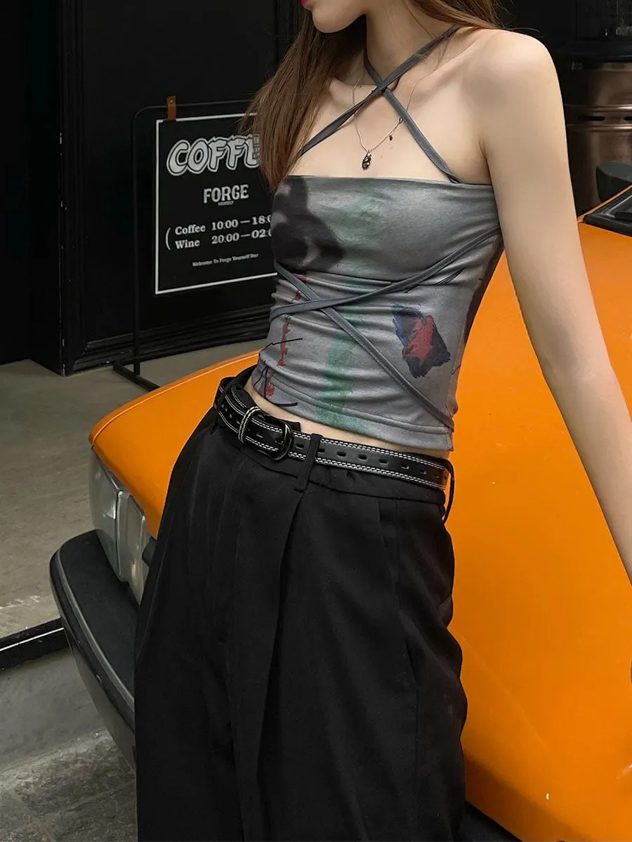 Printed lace-up Crossover Camisole Top