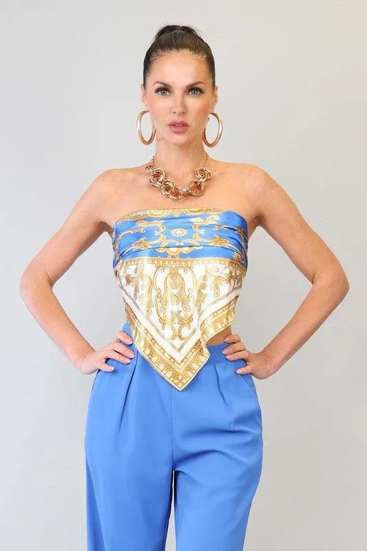 PRINTED SCARF TOP AND PANTS SET