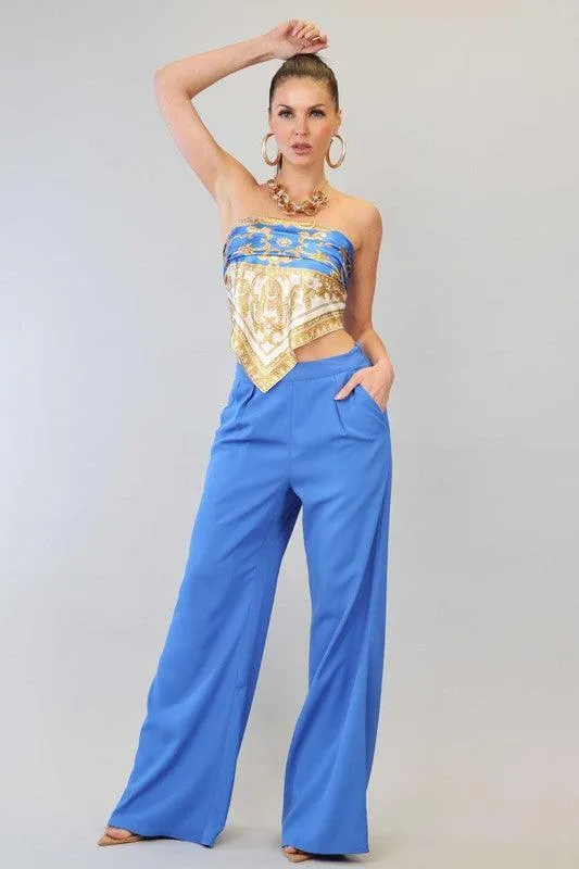 PRINTED SCARF TOP AND PANTS SET