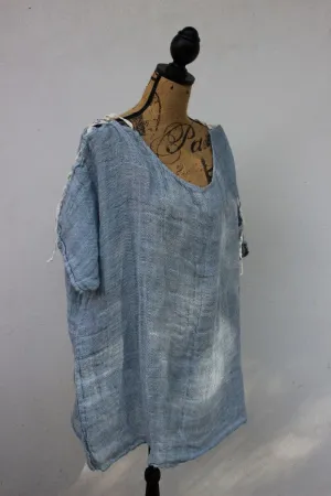 Pure Italian Linen Positano Laces Blue Top