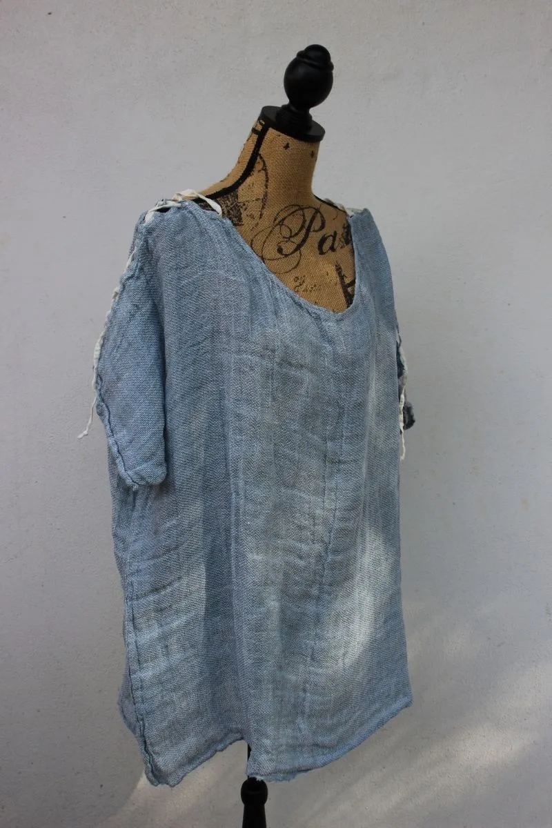 Pure Italian Linen Positano Laces Blue Top