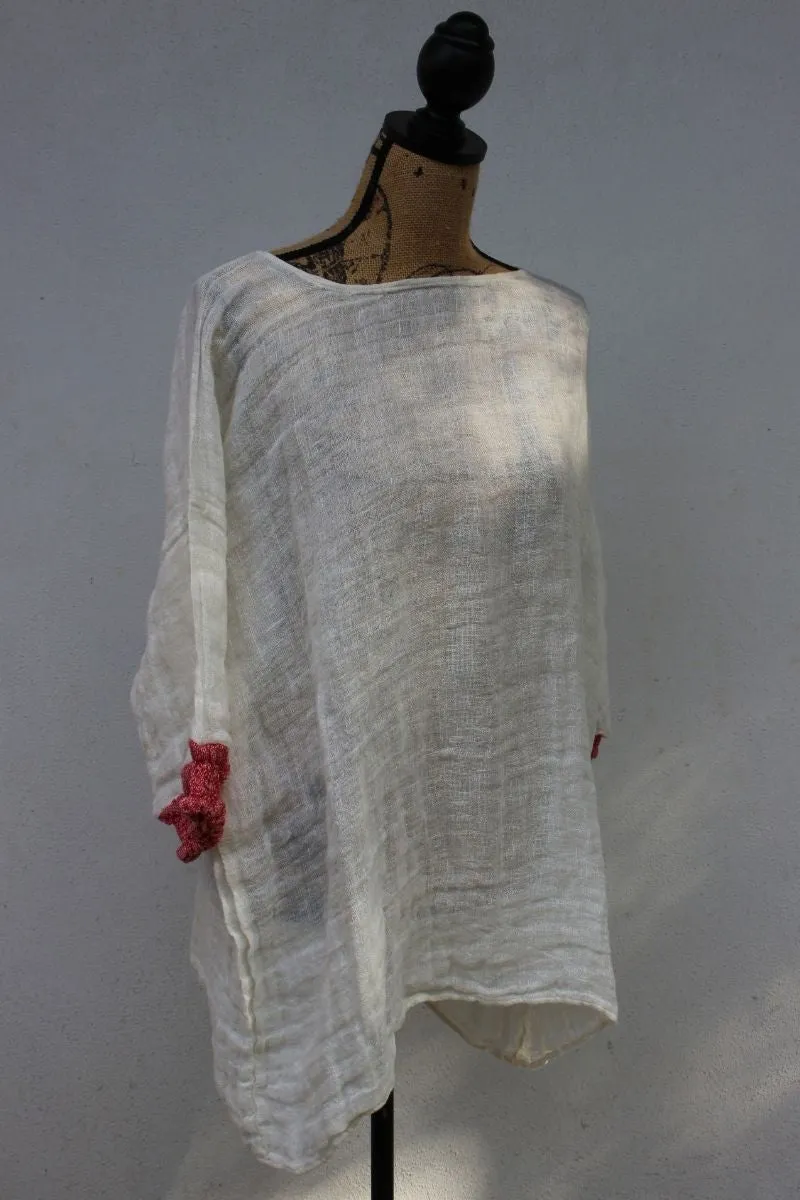 Pure Italian Linen Positano Red and White Long Top
