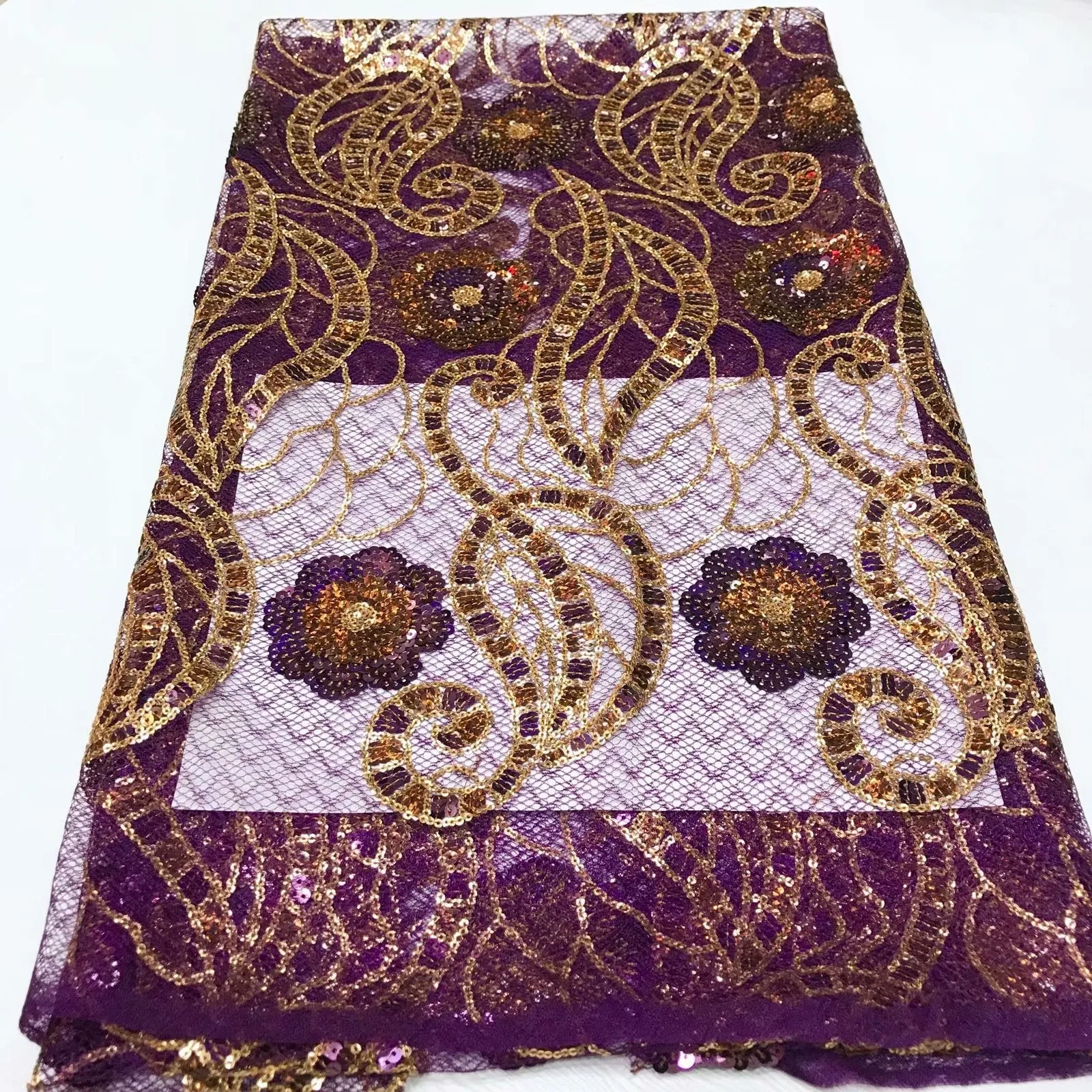 Purple Color with Golden Embroidery Designed Transparent English Silk Cord Laces