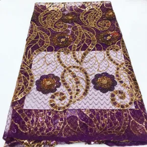 Purple Color with Golden Embroidery Designed Transparent English Silk Cord Laces