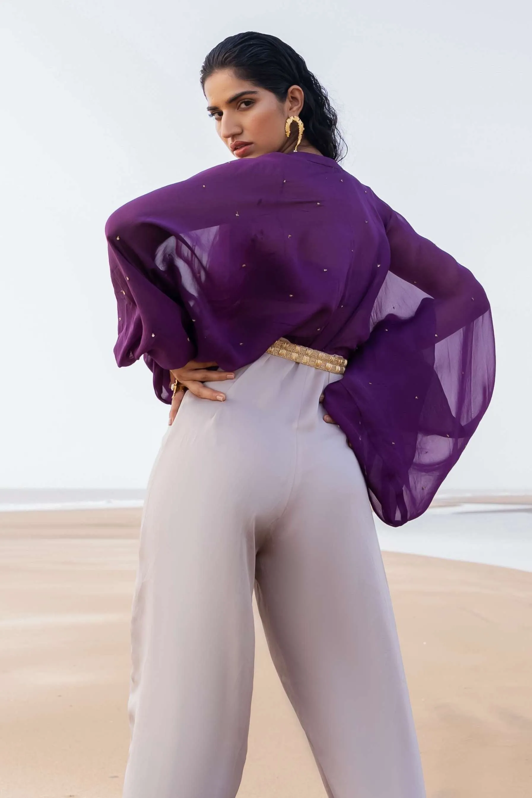 Purple Ivory Cutdana Embroidered Jumpsuit