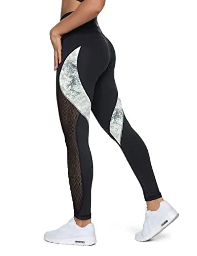 QUEENIEKE Women Yoga Pants Blocking Mesh Workout Running Leggings Tights with Pockets XS Colorful Black