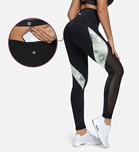 QUEENIEKE Women Yoga Pants Blocking Mesh Workout Running Leggings Tights with Pockets XS Colorful Black