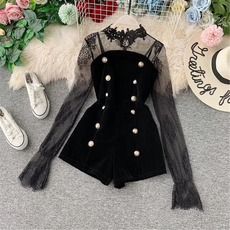 "BLACK LACE EMBROIDERED VELVET" JUMPSUITS N042404