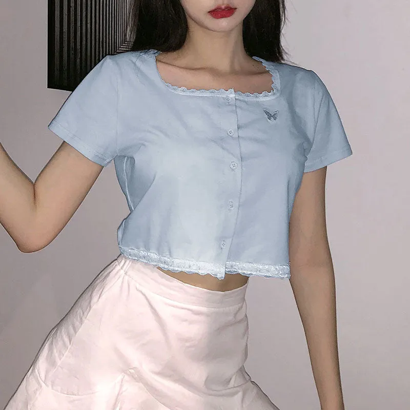 "BLUE LACE BUTTERFLY EMBROIDERY" CROP TOP N040605