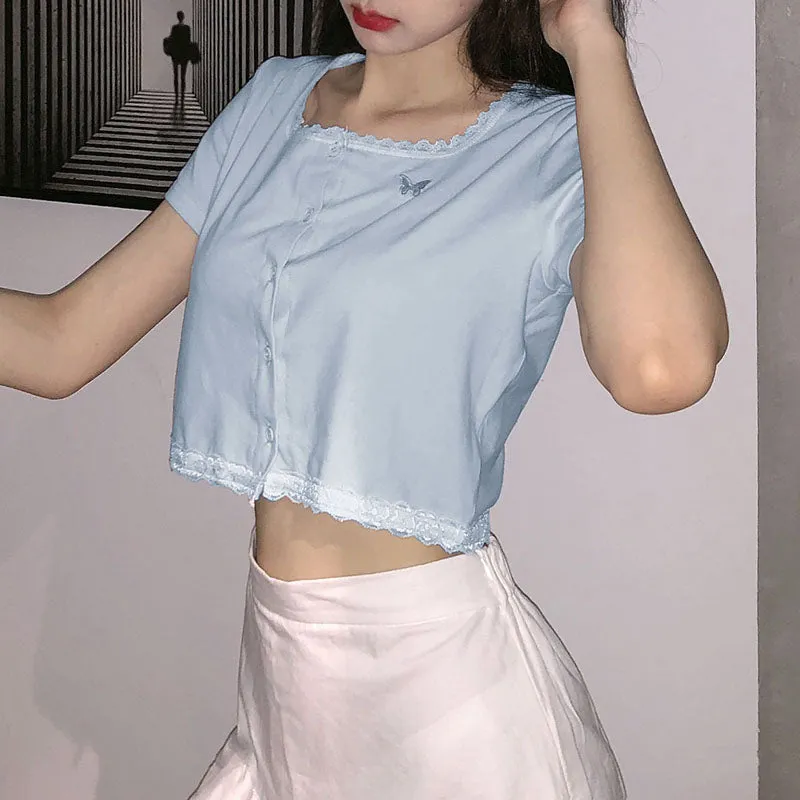 "BLUE LACE BUTTERFLY EMBROIDERY" CROP TOP N040605