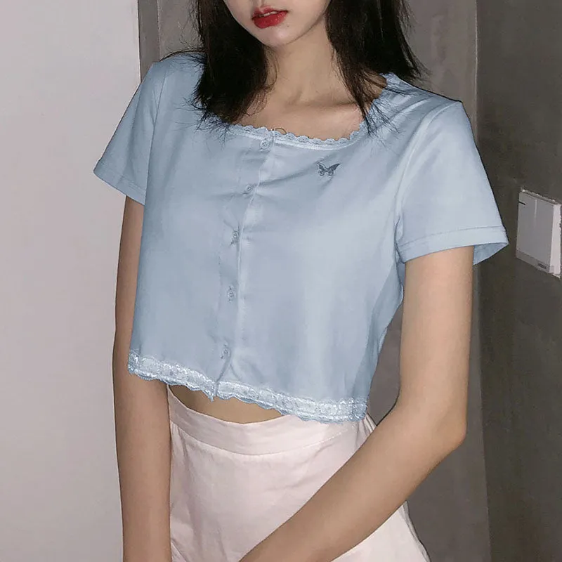 "BLUE LACE BUTTERFLY EMBROIDERY" CROP TOP N040605