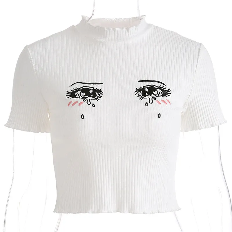 "EMBROIDERED TEARS COMIC EYES" CROP TOP K112015
