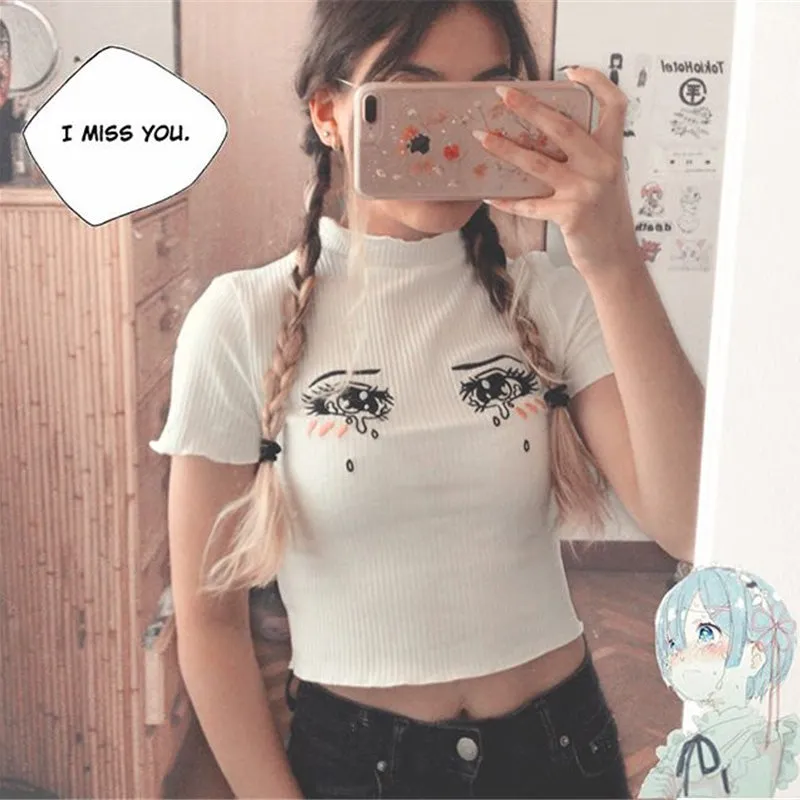 "EMBROIDERED TEARS COMIC EYES" CROP TOP K112015