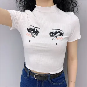 "EMBROIDERED TEARS COMIC EYES" CROP TOP K112015