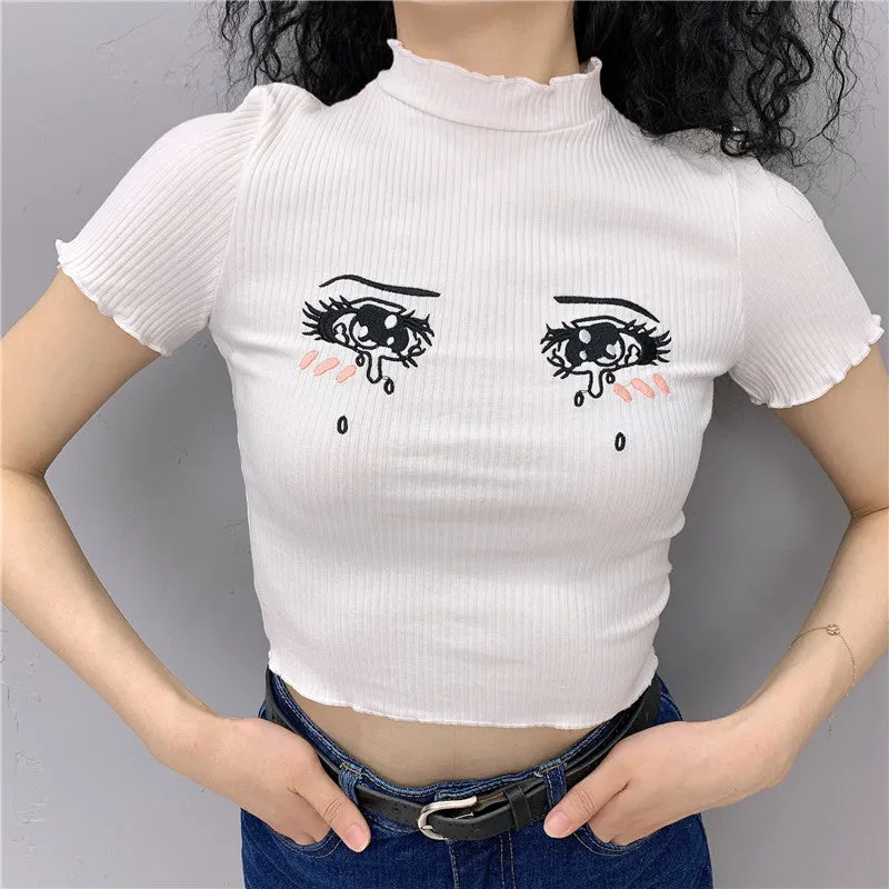 "EMBROIDERED TEARS COMIC EYES" CROP TOP K112015