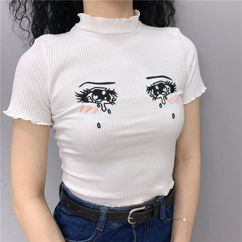 "EMBROIDERED TEARS COMIC EYES" CROP TOP K112015