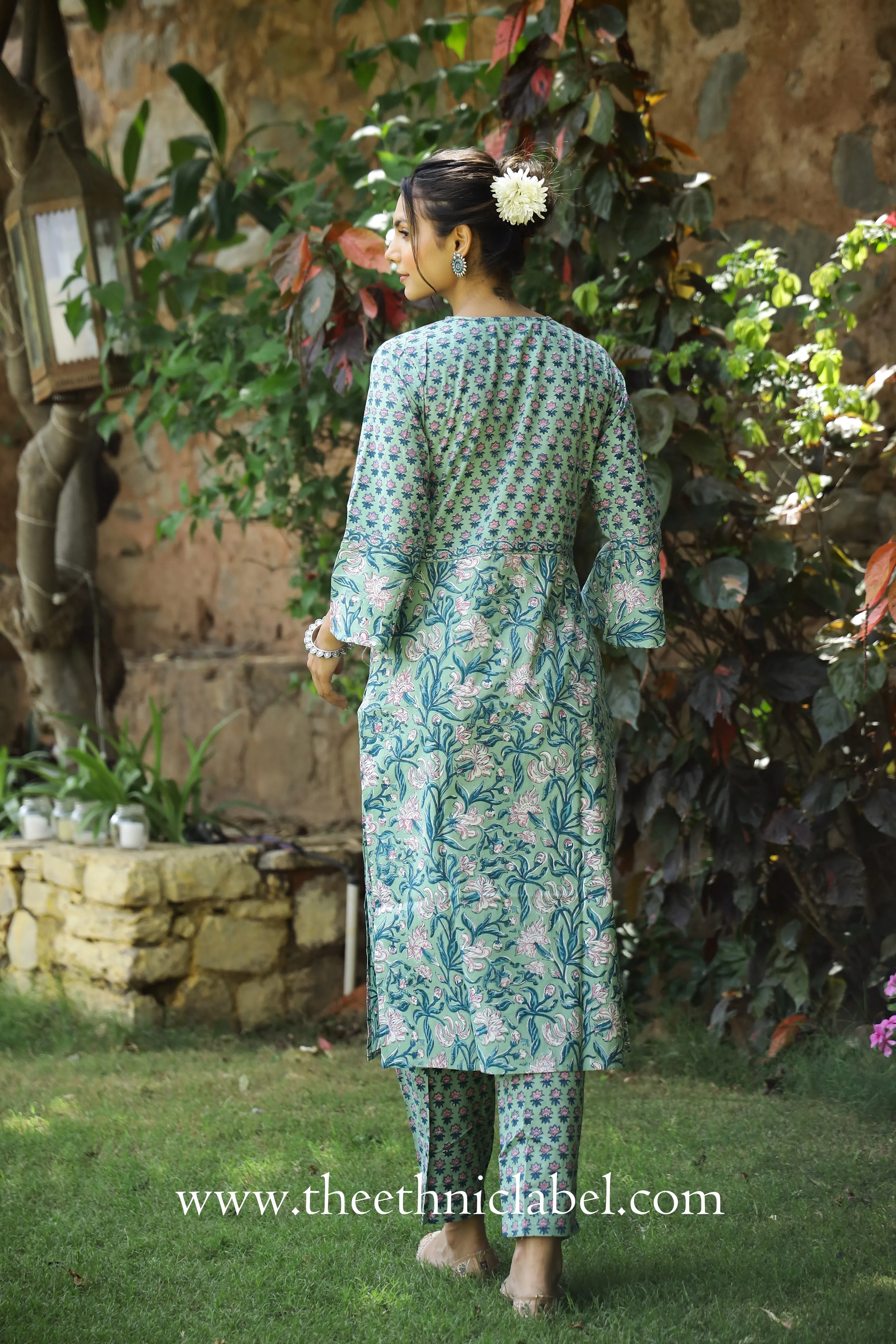 "Sakhi" Sea Green Hand Block Printed Cotton Kurta Pant Set(2 pc)