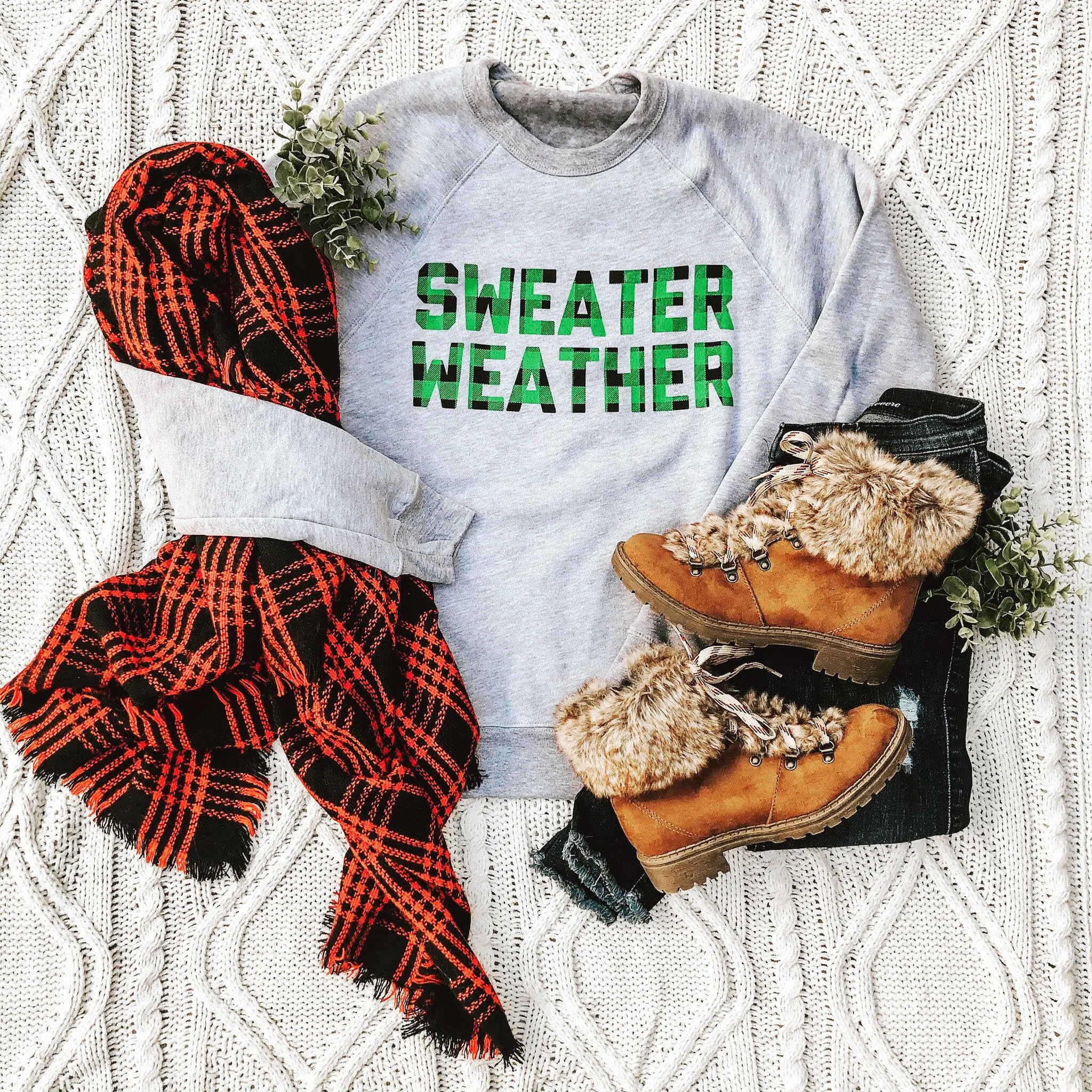 "Sweater Weather" Kelly Green Plaid Crew Neck Fleece