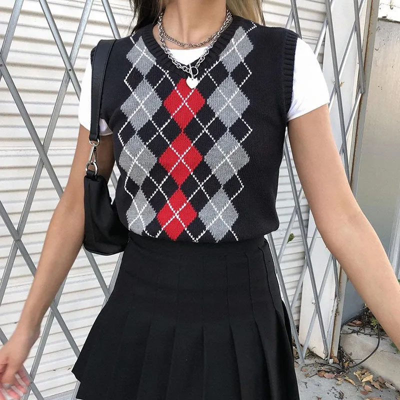 "THREE COLOR MIXED DIAMOND CHECK" SWEATER VEST N103001